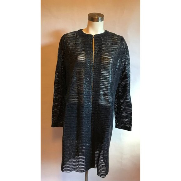 DROMe Long Dark Blue Shimmering Perforated Mesh Jacket, Size Large, New!